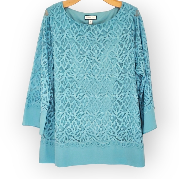 Charter Club Women 3/4 Sleeve Blue Chiffon hem Lace Blouse Top XXL - Picture 3 of 9